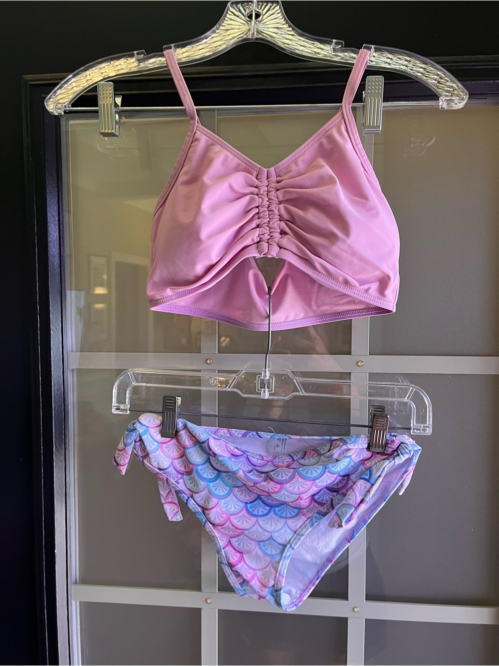 Girls Pink Ruched Bikini Top with Pastel Mermaid Print Bottom